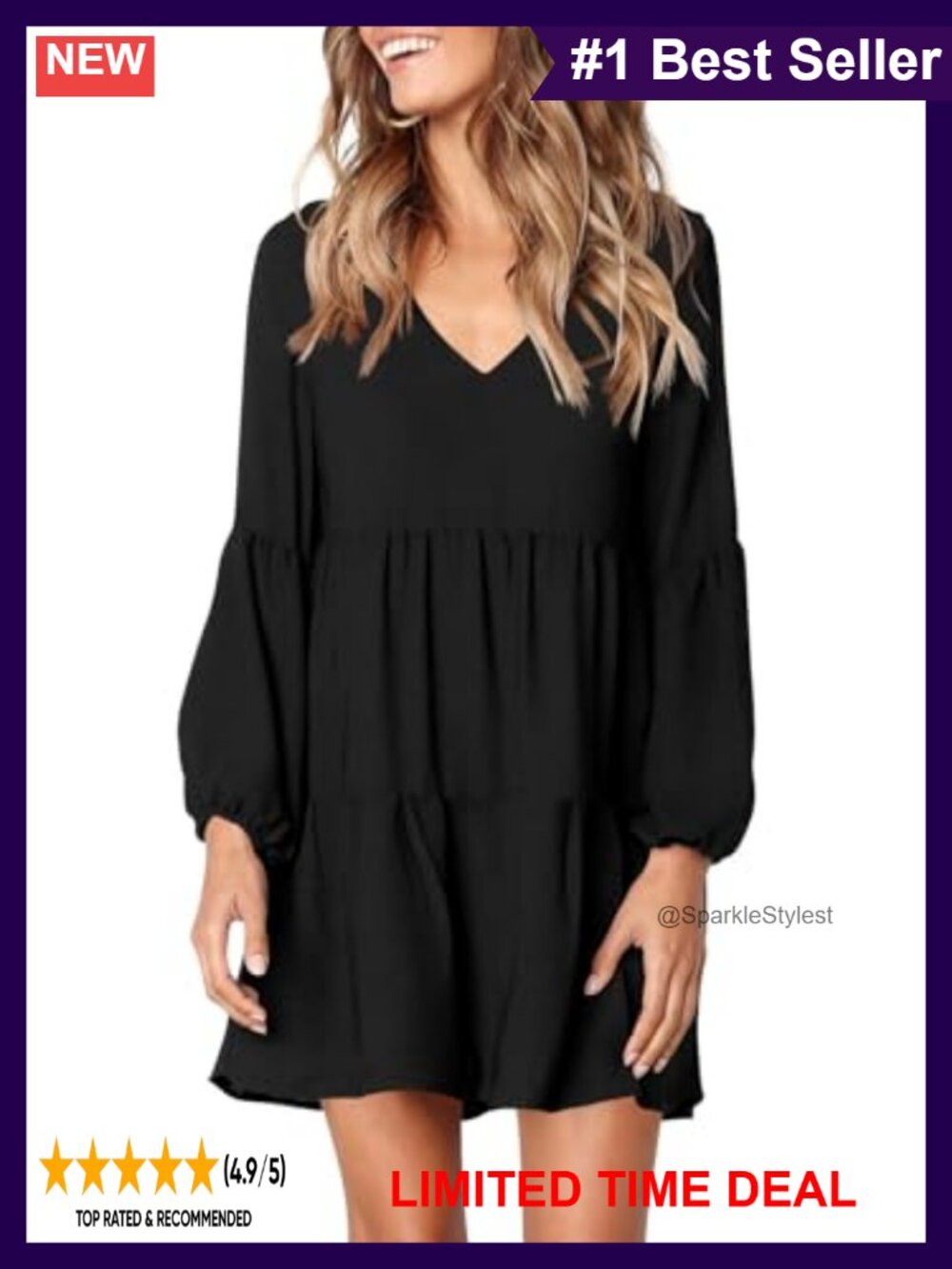 Long Sleeve V Neck Tunic Dress Pleated Loose Swing Shift Casual